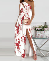 Rose Print Split Dress Summer Fashion One-shoulder Long Dress